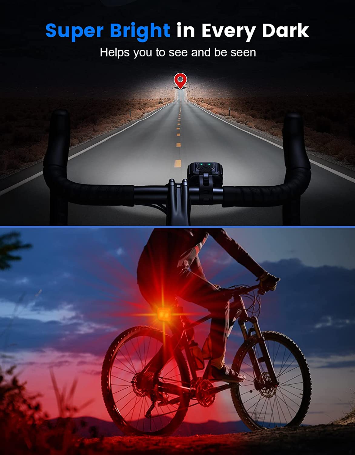 8/12 Modes IPX6 Ultra Bright Bicycle Headlight and Tail Light Set Rechargeable Bike Light Front and Back Bike Lights for Night Riding