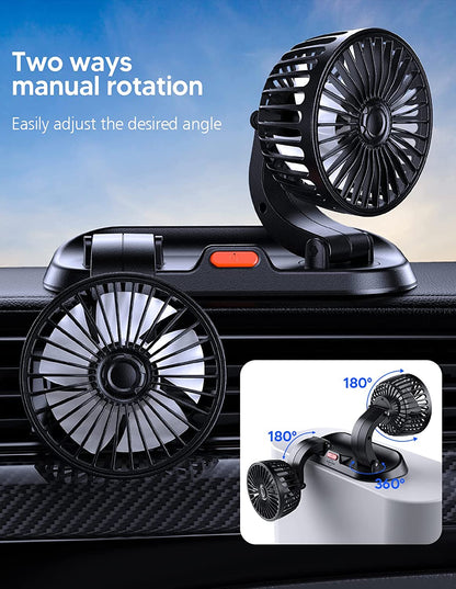 USB Portable Fan for Car with 3 Speed 360 Degree Rotatable Dual Head Fan Strong Wind Electric Auto Car Fans for Dashboard Suv Rv Tuck Boat Sedan Home Office