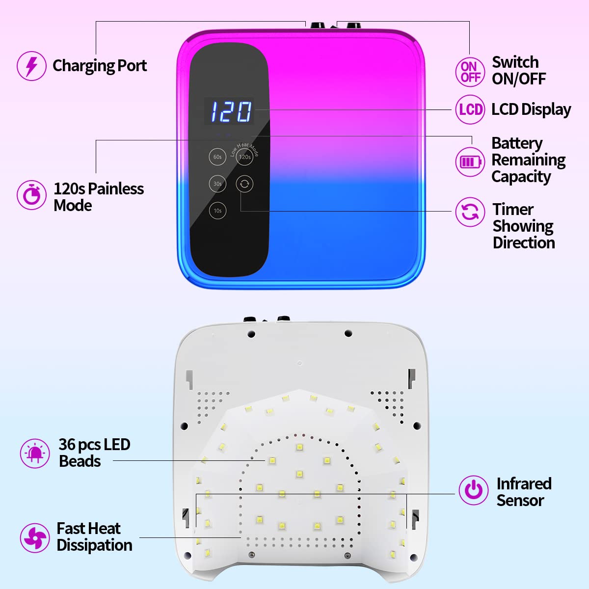 72W Cordless Led Nail Light Professional 36 Beads Portable Gel UV Led Nail Lamp with 4 Timer Setting and LCD Display