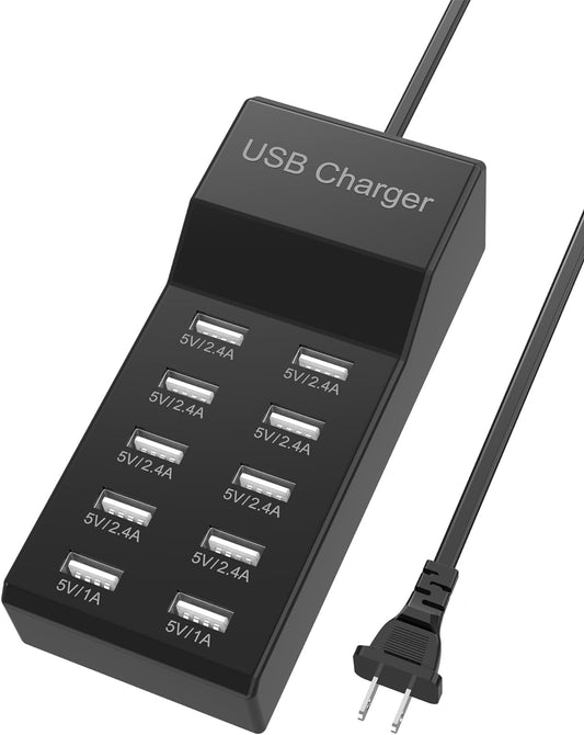 10-Port USB Wall Charger Station with Rapid Charging Auto Detect Technology for Multiple Devices Smart Phone Tablet Laptop Computer
