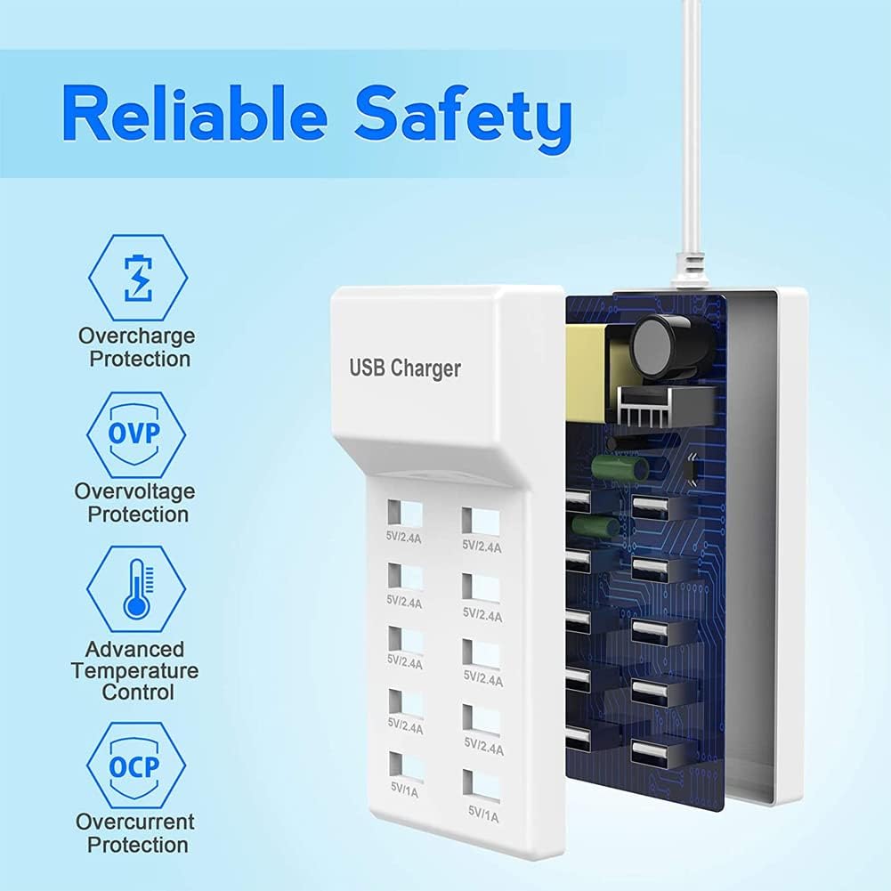 10-Port USB Wall Charger Station with Rapid Charging Auto Detect Technology for Multiple Devices Smart Phone Tablet Laptop Computer