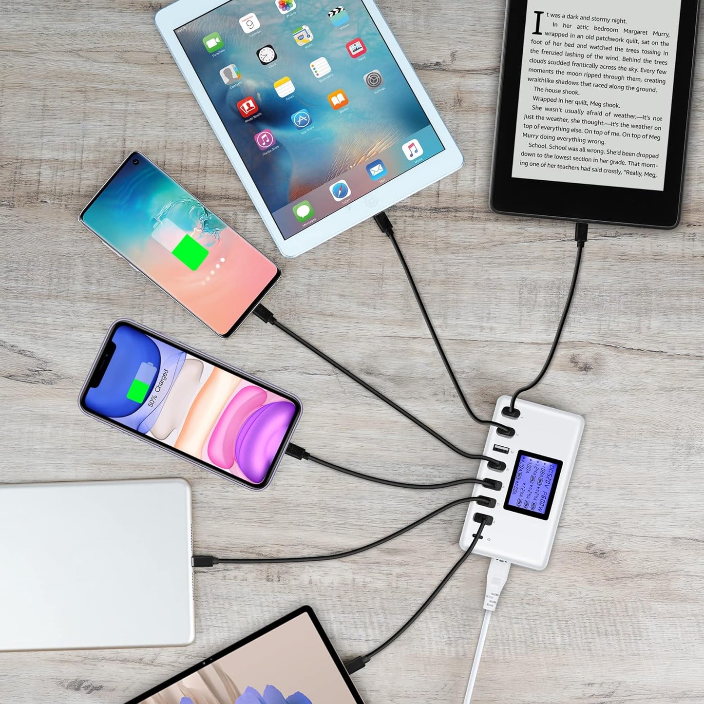 60W 12A 8-Port USB Charging Station Multi Port USB Hub Charger Compact Size LCD Display Compatible with iPhone iPad Samsung Kindle Tablet Bluetooth Earbuds and More