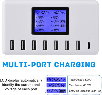 60W 12A 8-Port USB Charging Station Multi Port USB Hub Charger Compact Size LCD Display Compatible with iPhone iPad Samsung Kindle Tablet Bluetooth Earbuds and More