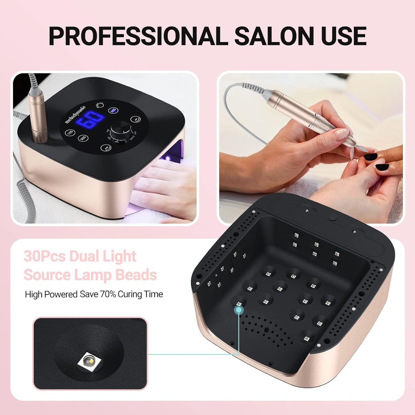 2 in 1 Professional 30000 RPM Nail Drill with Nail Lamp Dryer with 4 Timer Setting Sensor for Acrylic Gel Poly Nails Removing and Curing, Salon Home Use