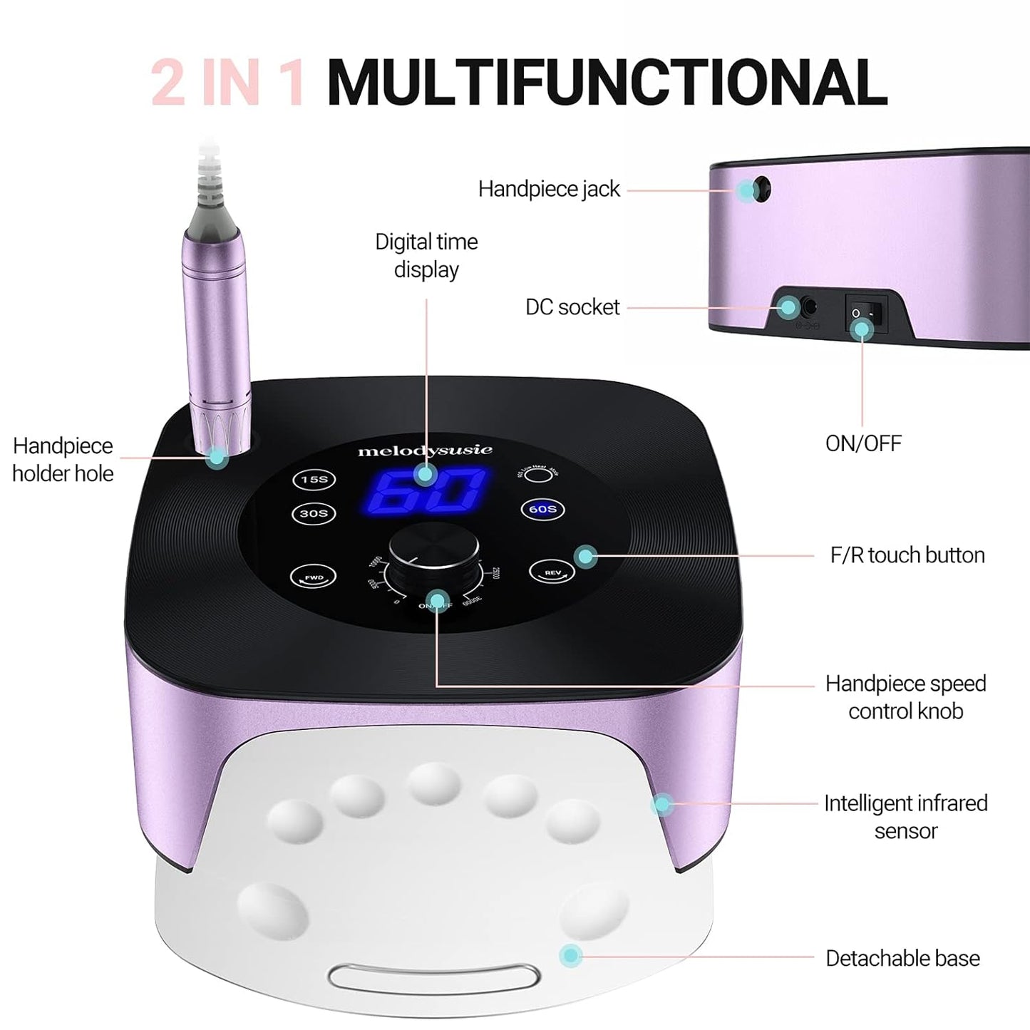 2 in 1 Professional 30000 RPM Nail Drill with Nail Lamp Dryer with 4 Timer Setting Sensor for Acrylic Gel Poly Nails Removing and Curing, Salon Home Use
