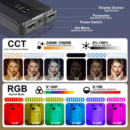 Adjustable Tripod Stand RGB Camera Light 360°Full Color Gamut 9 Light Effects 2600-10000K LED Video Light Panel