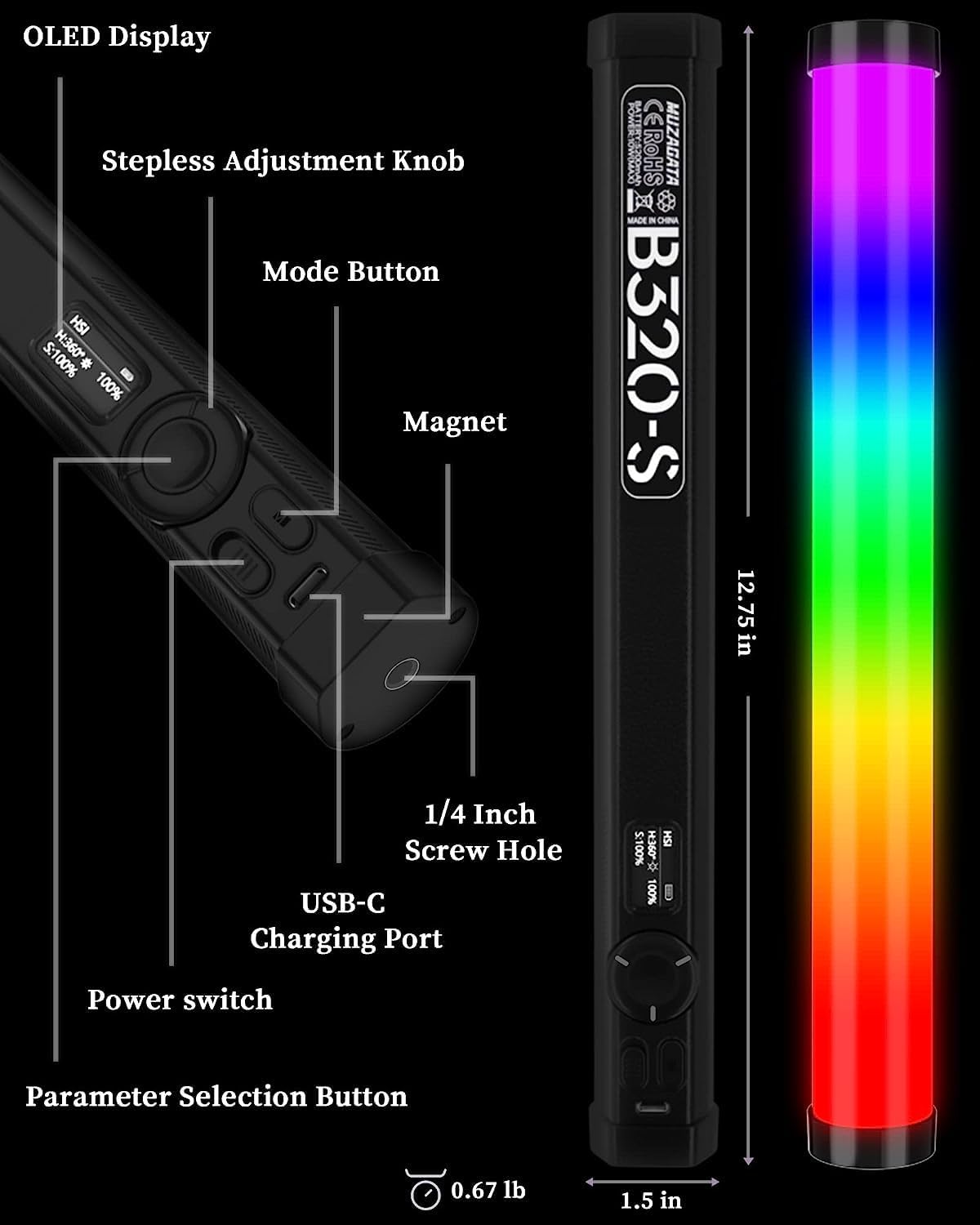 RGB Light Wand 1200 Lux Streaming Light 2500K-9900K RGB Tube Light CRI＞95 Handheld Photography Light Bar Built in 5200mAh Battery Light Painting Photography Tools
