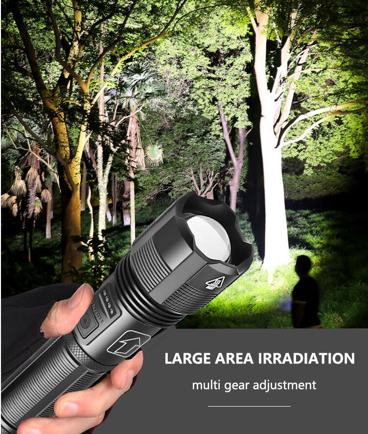 Linterna LED de aluminio con Zoom telescópico XHP50, lámpara con cuentas, pantalla de alimentación, USB