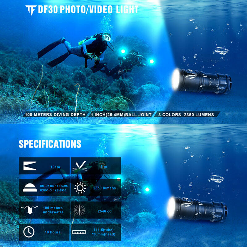 Scuba Diving Flashlight White/Red/UV LED Light Underwater 100m Video Photography