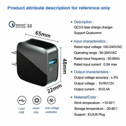 Adaptador rápido de los E.E.U.U. del cargador USB del control de calidad 3.0 de la carga rápida 3 18W para el iPhone Android