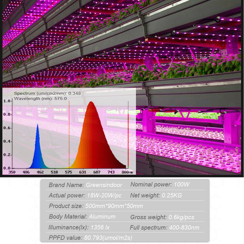 4Pcs 100W LED Grow Light Tube Strip Full Spectrum Lamp for Indoor Plants Flower