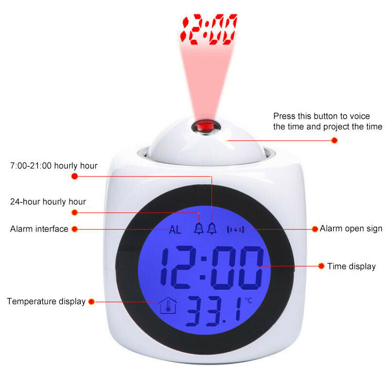 Digital Projection Alarm Clock With LCD Display Voice Talking LED Projector