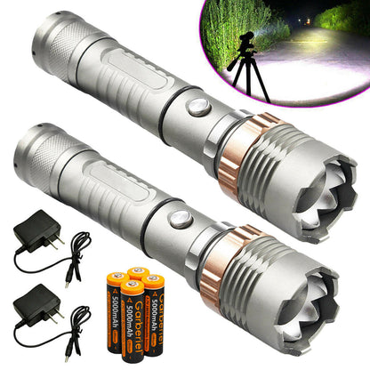 2 Packs Tactical Police 90000LM T6 USB Rechargeable Flashlight Zoomable Torch