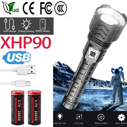 990000LM XHP90.2 LED Flashlight USB Rechargeable 5Modes Zoom Torch Light