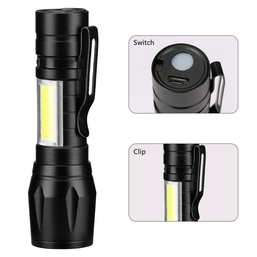 Mini linterna recargable USB XPE COB LED 3 modos antorcha lámpara de zoom