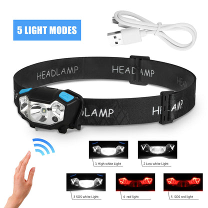5000LM LED Headlamp Rechargeable Motion Sensor Head Lamp Headlight Flashlight