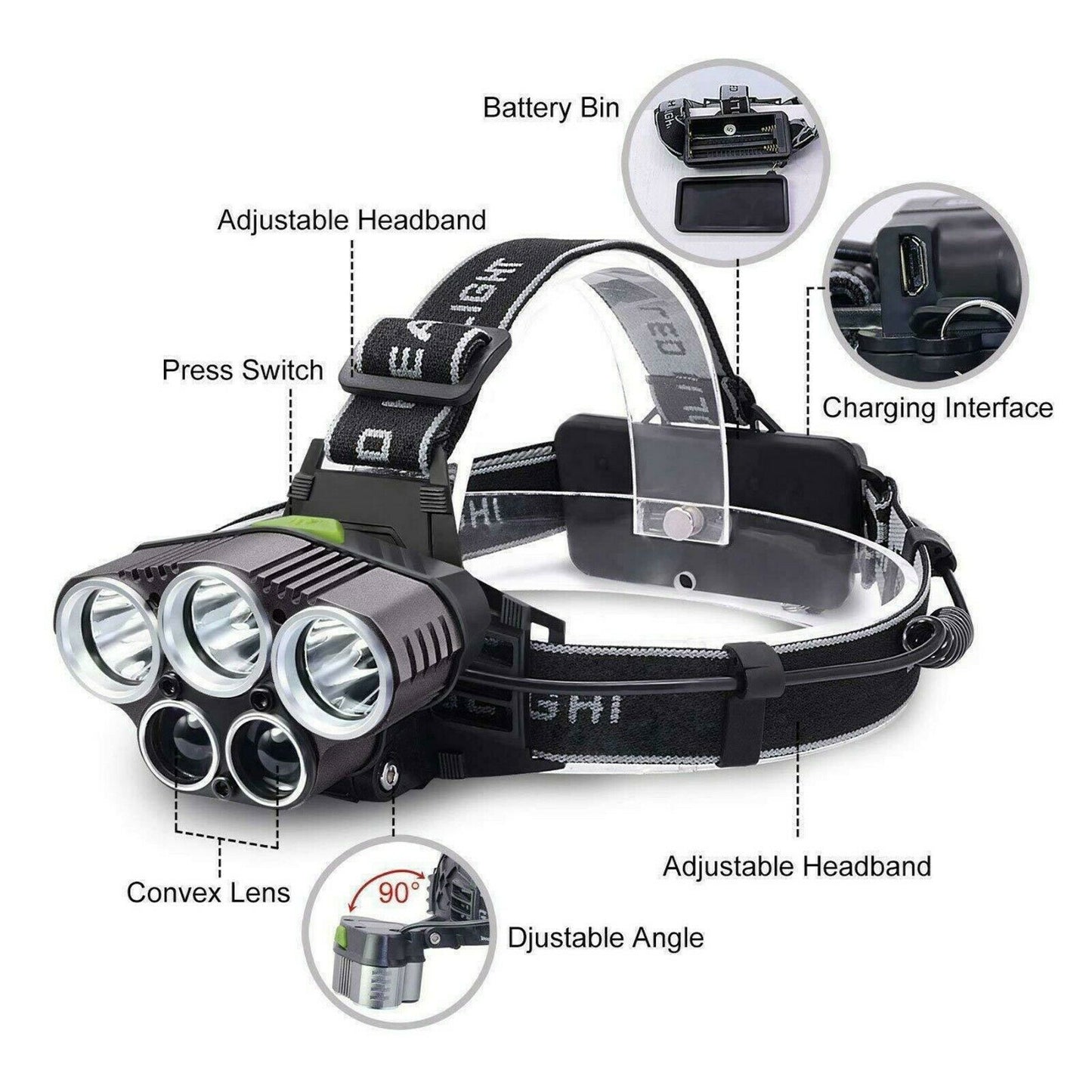250000LM 5X T6 LED Headlamp Rechargeable Head Light Flashlight Torch Lamp