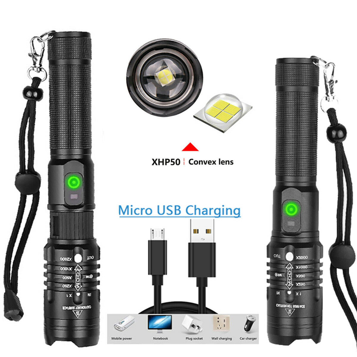 XHP50 Flashlight Zoomable 990000Lumens USB Rechargeable Torch Super Bright Light