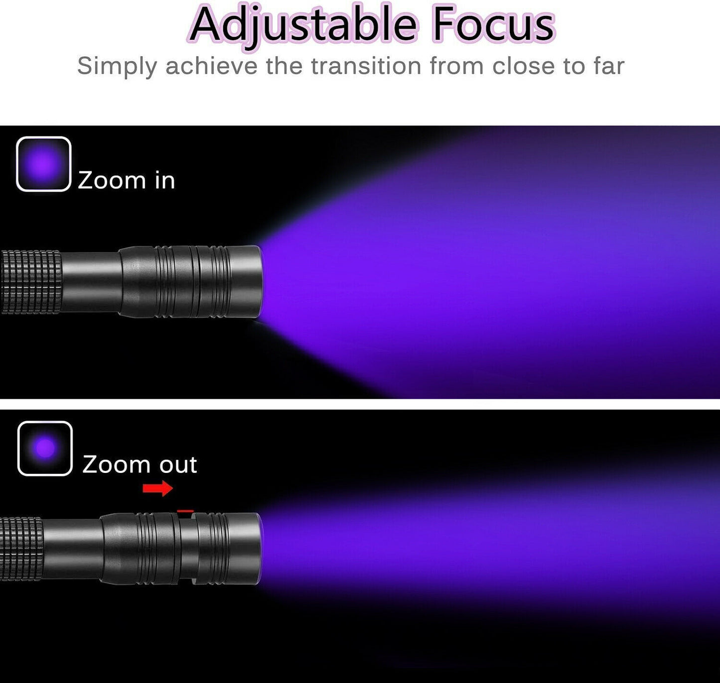 Linterna con zoom de 395 nm, luz UV, luz negra, linterna con Clip escalable