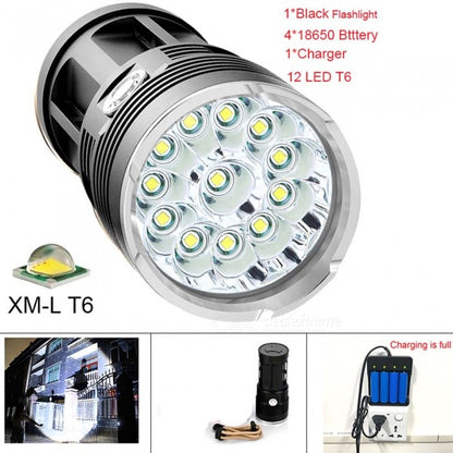 42000 Lumens Flashlight 12 CREE XML T6 LED Outdoor High Power Waterproof Flash Light for Fishing with 4*18650 Battery + Charger
