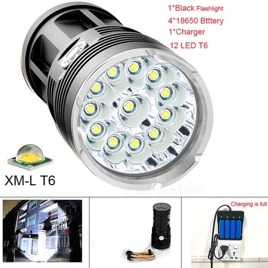 42000 Lumen Taschenlampe 12 CREE XML T6 LED Outdoor Hochleistungs-wasserdichtes Blitzlicht zum Angeln mit 4*18650 Akku + Ladegerät