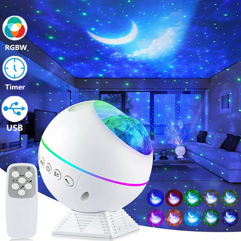 Proyector LED de cielo estrellado, luz USB, Luna, galaxia, estrella, lámpara de noche, control remoto de ola oceánica