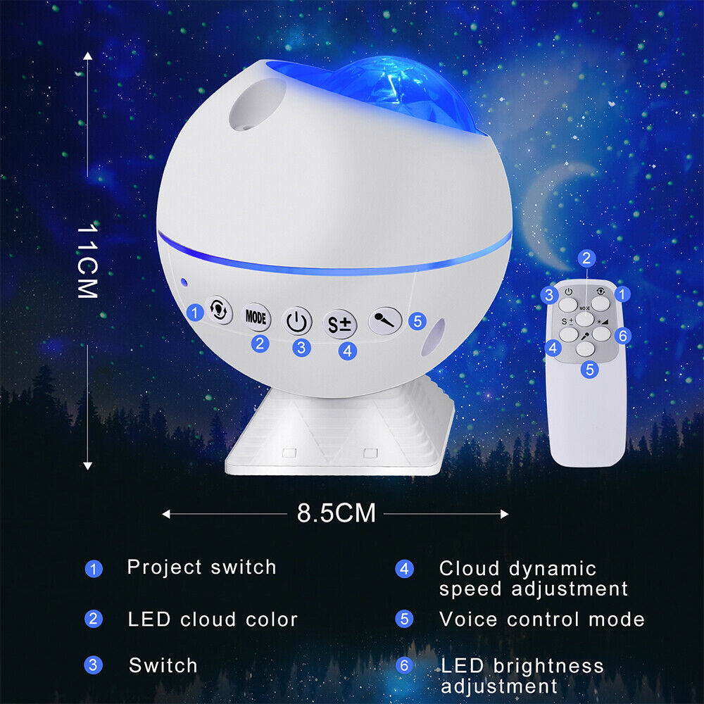 Proyector LED de cielo estrellado, luz USB, Luna, galaxia, estrella, lámpara de noche, control remoto de ola oceánica