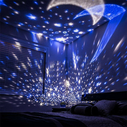 Lámpara giratoria de estrella y luna con proyección de cielo estrellado, luz nocturna, para fiesta de bebés y niños