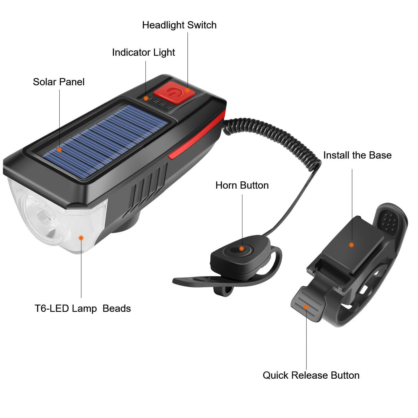 Solar Powered USB Rechargeable LED Bicycle Headlight Bike Head Light Lamp + Horn