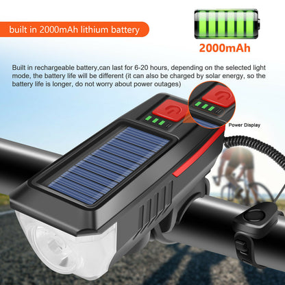 Faro de bicicleta LED recargable por USB con energía Solar, faro delantero de bicicleta + bocina