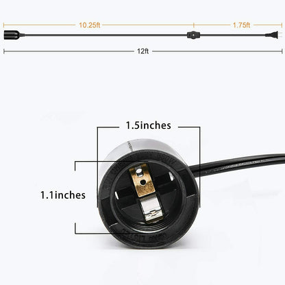 Cable de extensión para linterna colgante de 12 pies con interruptor de engranaje de enchufe negro