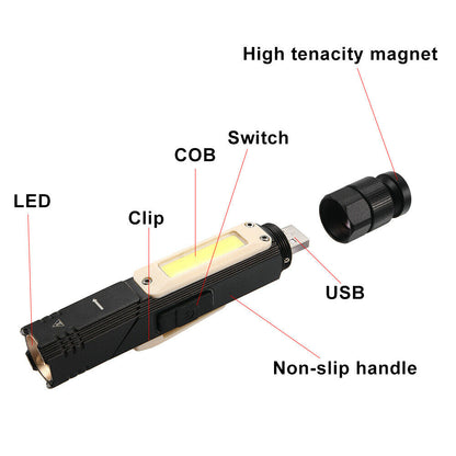 Linterna magnética recargable por USB para trabajo y acampada, linterna LED COB, linterna