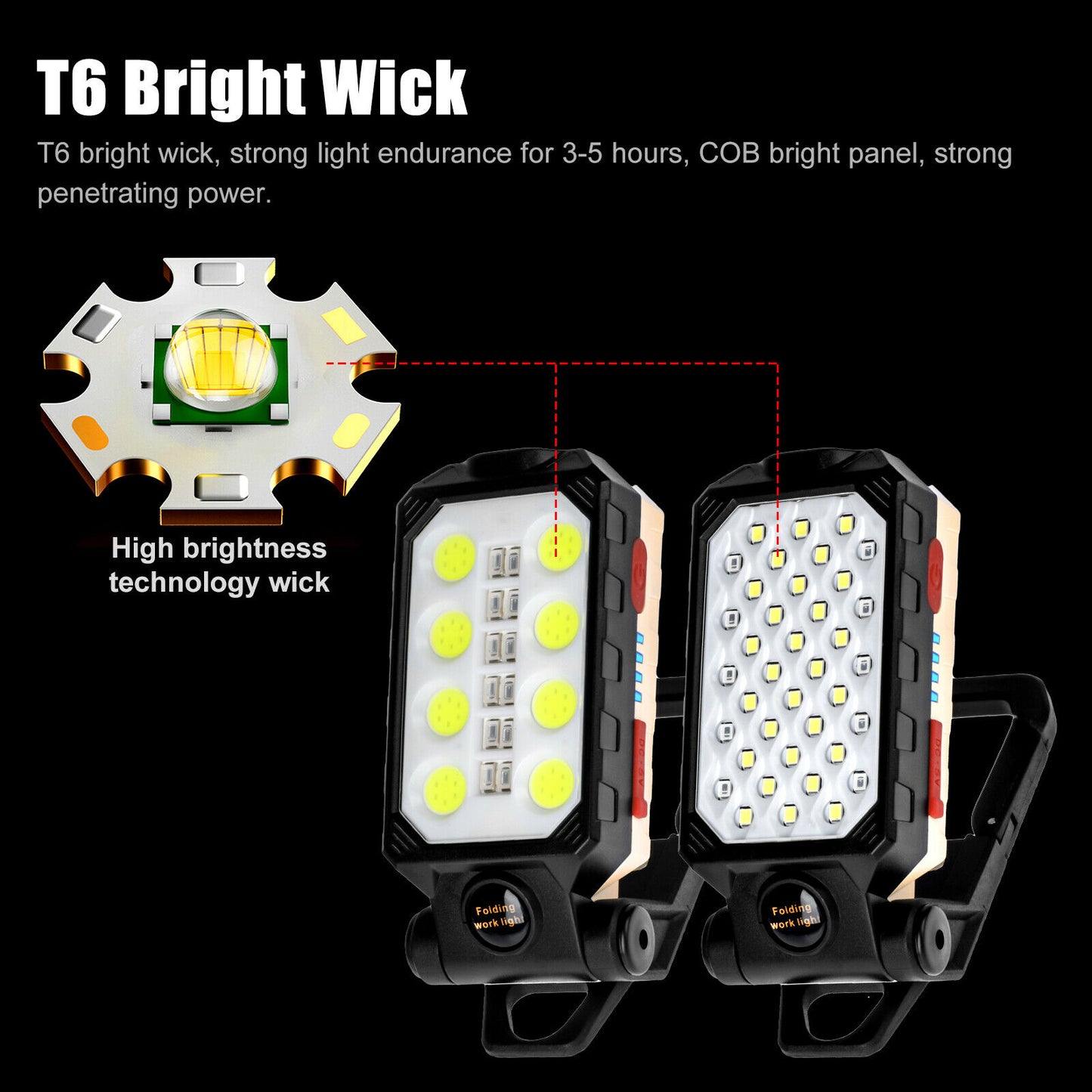 Magnetic COB LED Work Light USB Rechargeable Camping Lamp Torch Flashlight + Hook