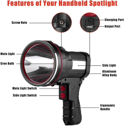 Spotlight Flashlights 6000Lumens LED Spotlight Flood Camping Flashlight Handheld Spotlight for Hunting, Fishing