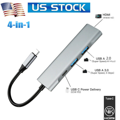 4 in 1 USB-C Hub Type C To 4K HDMI USB 3.0 Multiport Adapter For Macbook Pro/Air