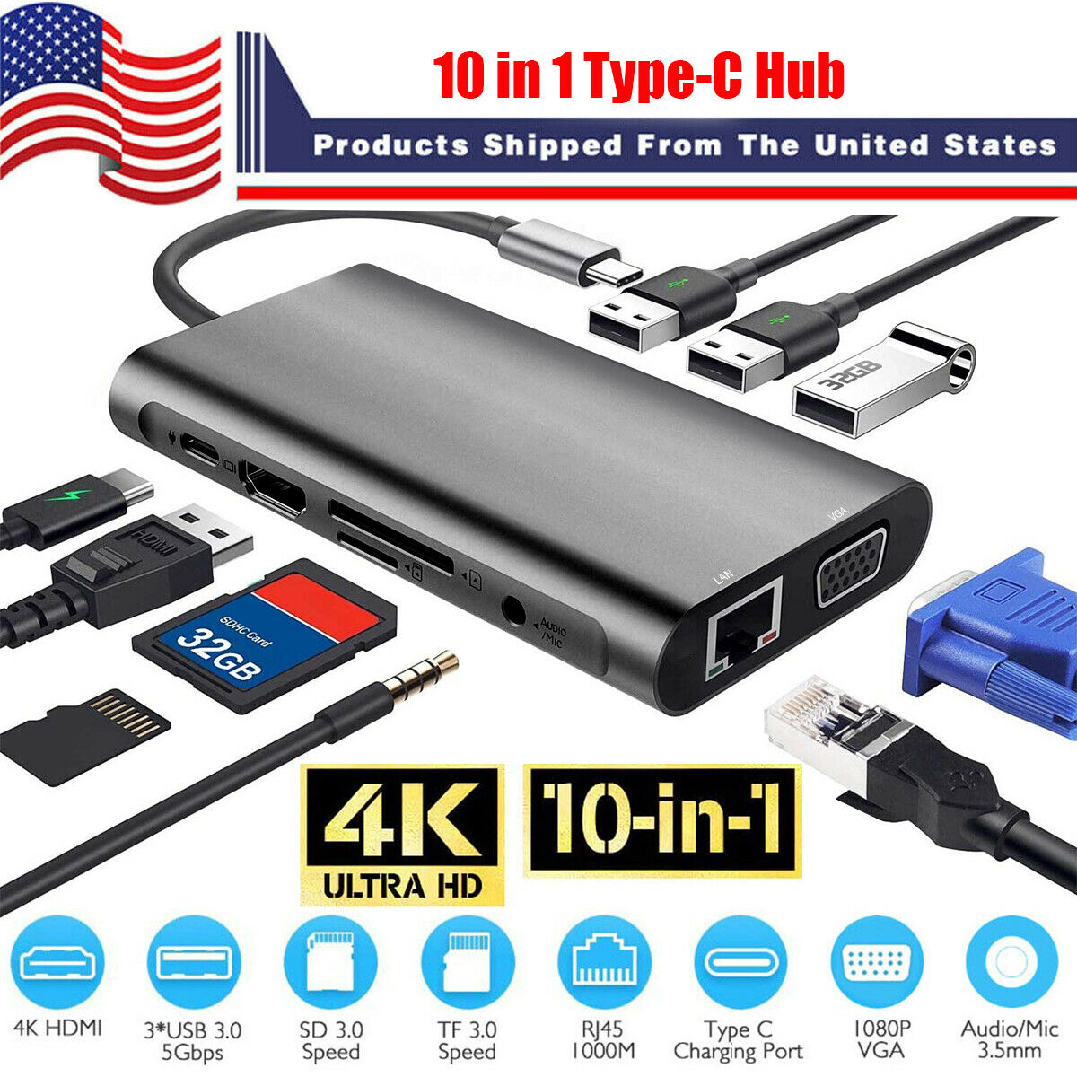Multiport 10 in 1 Type C To USB-C 4K HDMI Adapter USB 3.0 Cable Hub For Macbook