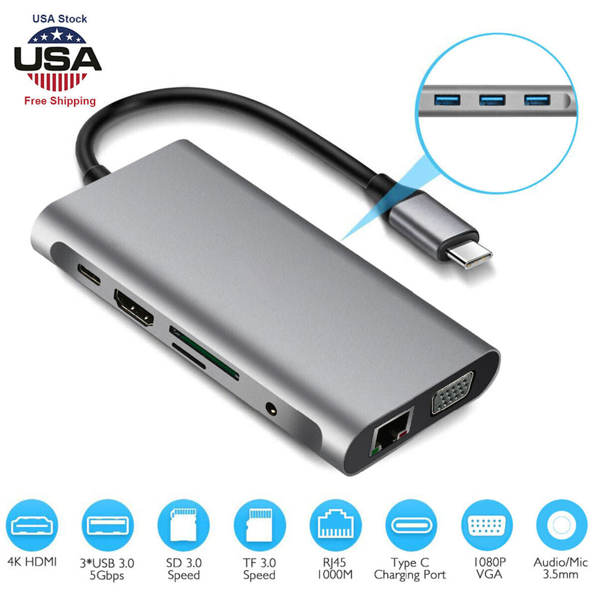 Multipuerto 10 en 1 tipo C a USB-C 4K HDMI adaptador USB 3.0 Cable Hub para Macbook