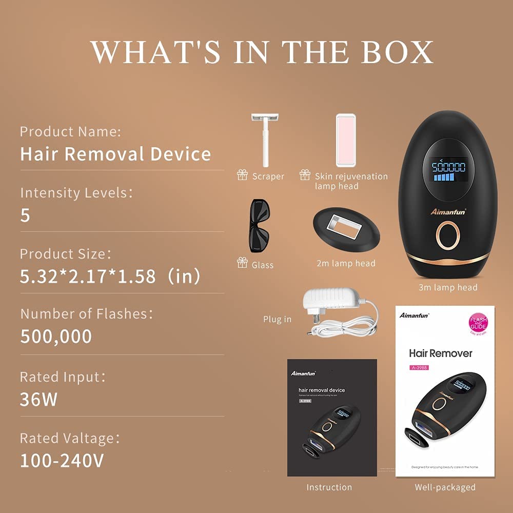 Light Hair Remove Device with Adjustable 5 Energy Levels Painless Permanent Hair Removal with Aoto Flash Modes and 2 Lamp Heads at-Home Hair Remover Device for Facial Armpits Legs Bikini Line