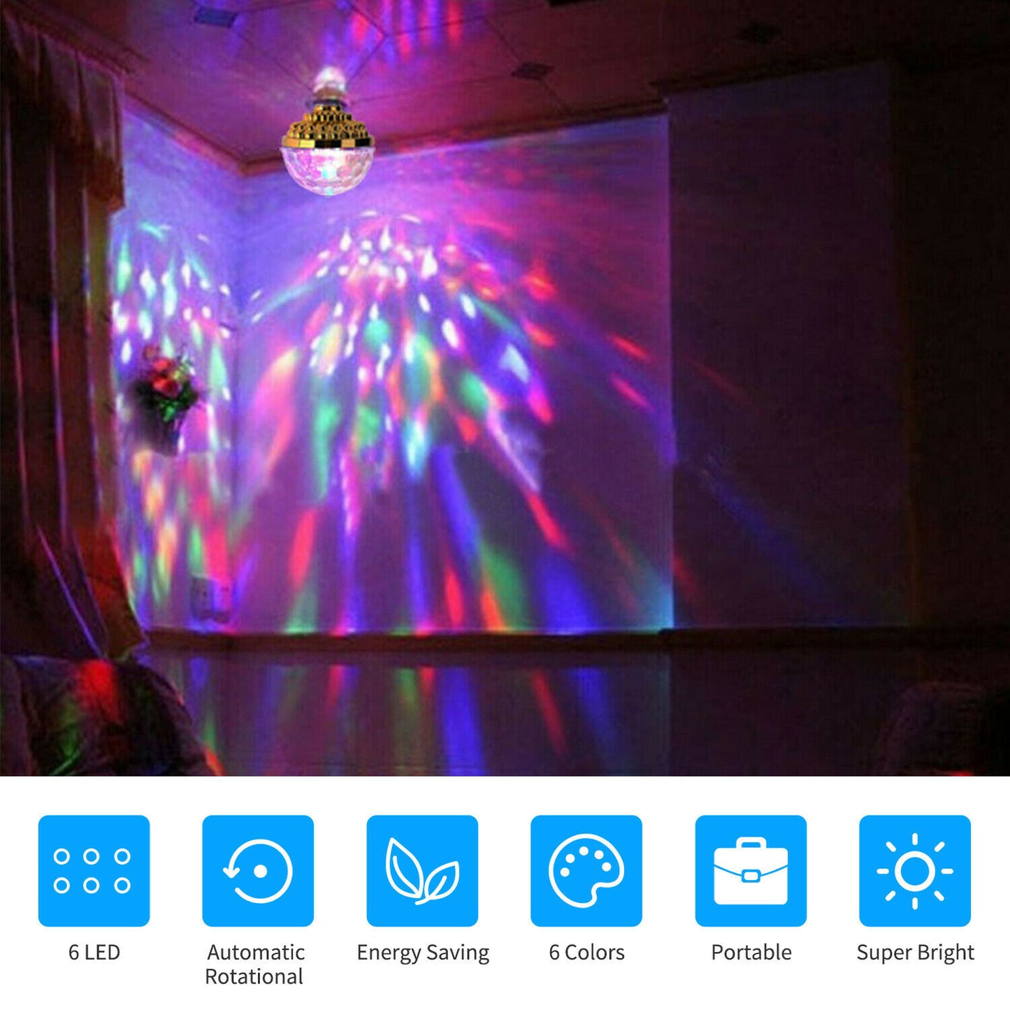 Bombilla de bola de cristal de discoteca de 6W, lámpara giratoria de noche con bola estroboscópica LED para fiesta y escenario 