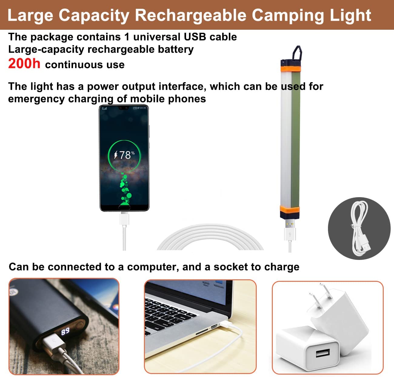 Linterna de Camping, palo recargable multifuncional, luz portátil para tienda de campaña 