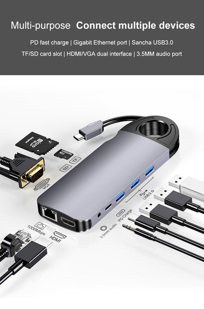 10 in 1 Type-c Docking Station Hdmi+VGA Docking Station USB HUB Gigabit Network Card