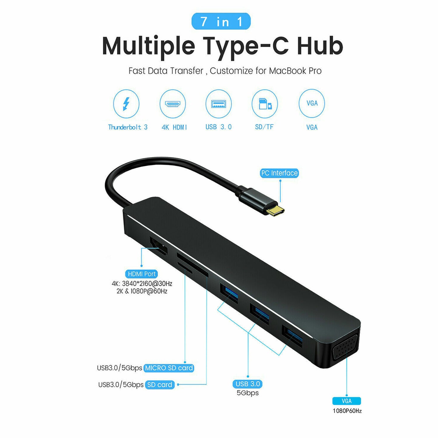Adaptador 7 en 1 USB-C Hub tipo C a USB 3.0 4K HDMI para Macbook Pro/Air multipuerto