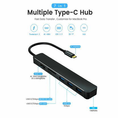 Adaptador 7 en 1 USB-C Hub tipo C a USB 3.0 4K HDMI para Macbook Pro/Air multipuerto