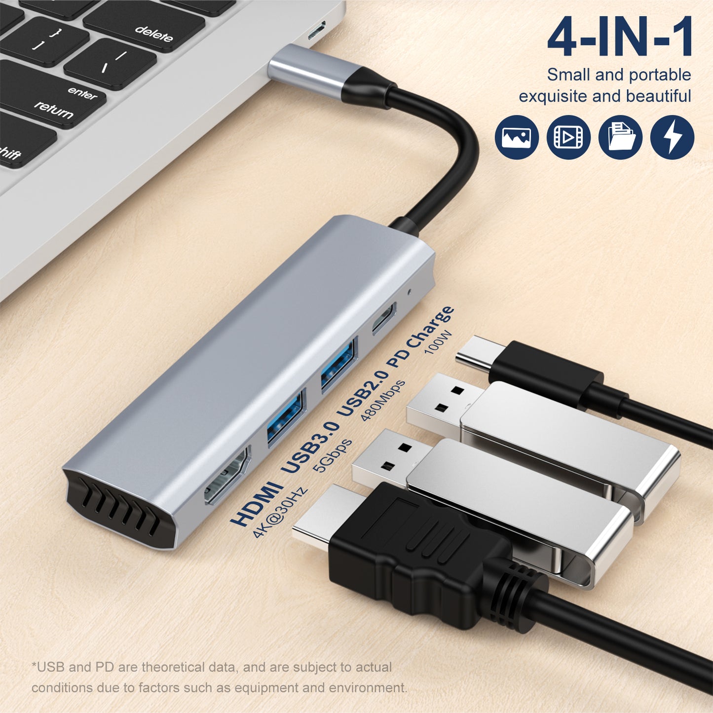 Nuevo adaptador 4 en 1 tipo C a HDMI+USB3.0+USB2.0+PD 