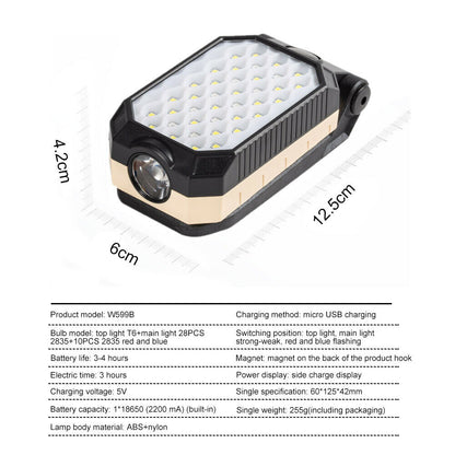 Luz de trabajo LED recargable por USB, linterna plegable magnética, lámpara de antorcha para acampar