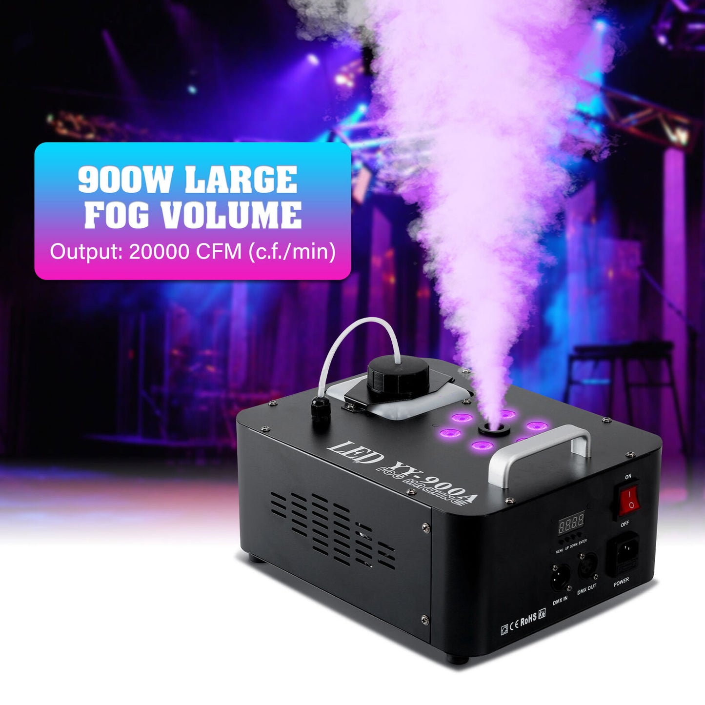 Máquina de niebla de humo de 900W con nebulizador de efecto de humo de escenario de DJ DMX con rociador vertical LED RGB