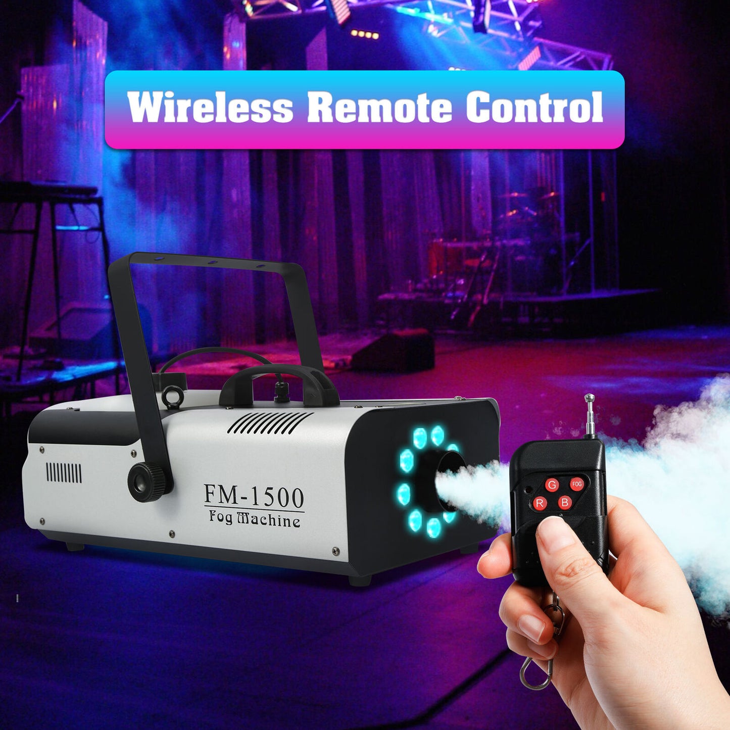 Máquina de humo de 1500W con luz LED RGB, máquina nebulizadora de humo para escenario de DJ con control remoto
