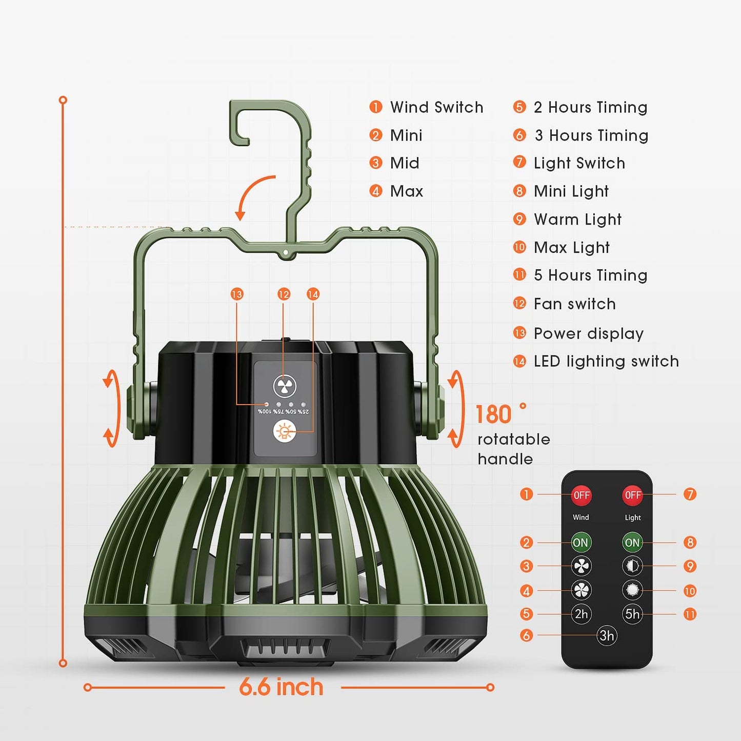 Ventilador de camping de 7800 mAh con linterna LED, ventilador recargable por USB, rotación de cabezal de 180 °, ventilador con batería para exteriores, interiores y oficinas