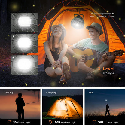 Ventilador de camping de 7800 mAh con linterna LED, ventilador recargable por USB, rotación de cabezal de 180 °, ventilador con batería para exteriores, interiores y oficinas