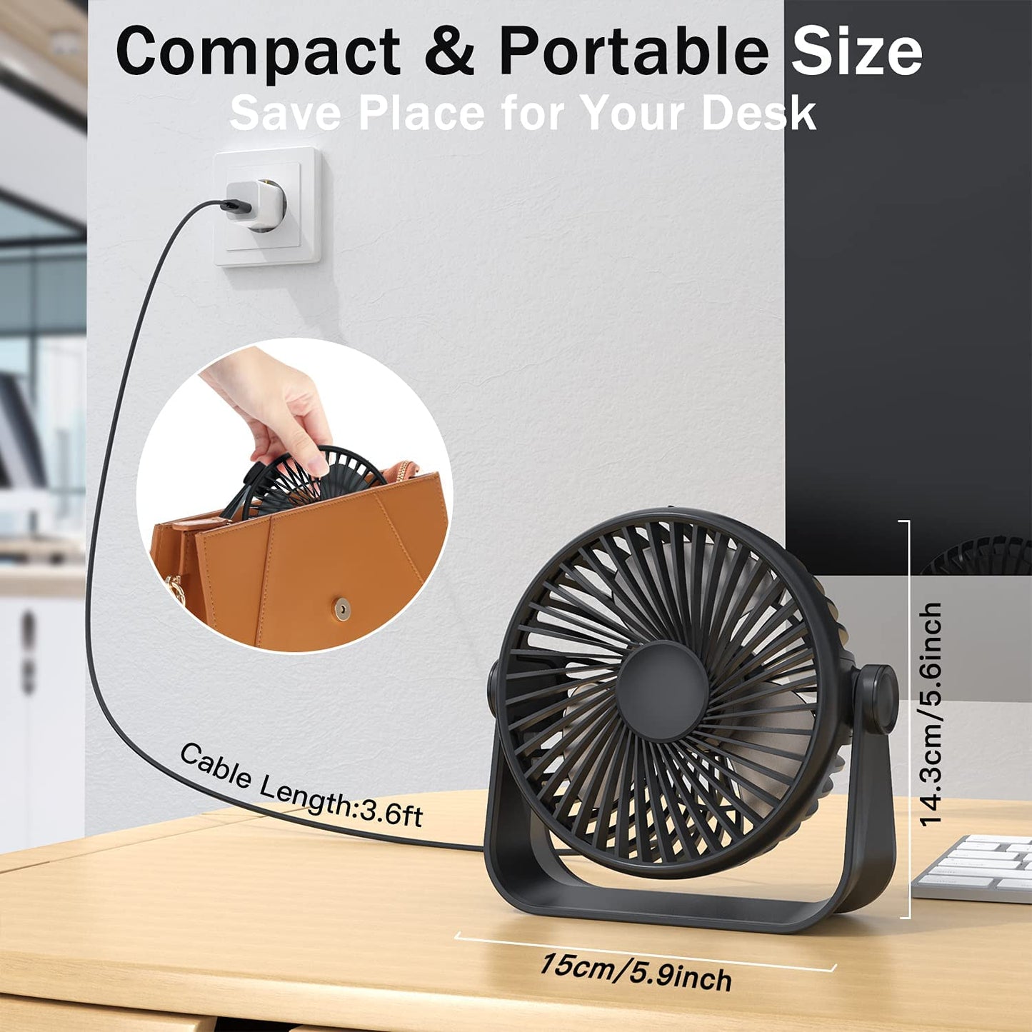 Small Desk Fan 3 Speeds Strong Airflow USB Fan 360°Rotation Mini Fan Portable Personal Fan, 5-inch Table Fan for Bedroom Office Home Outdoor Camping, 3.6ft Cable, Black